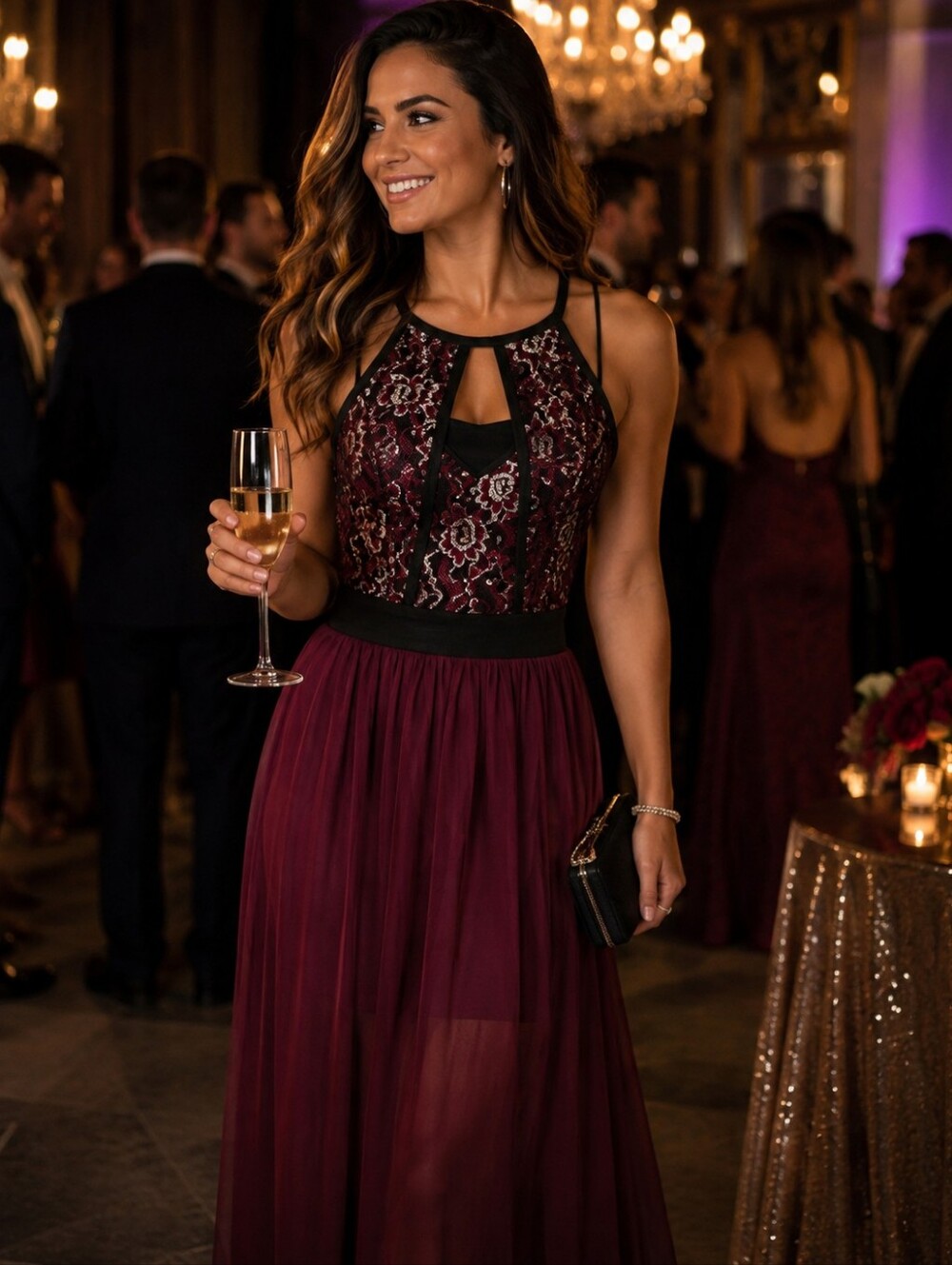 Sans Souci Burgundy‎ Lace & Chiffon Maxi Dress M
